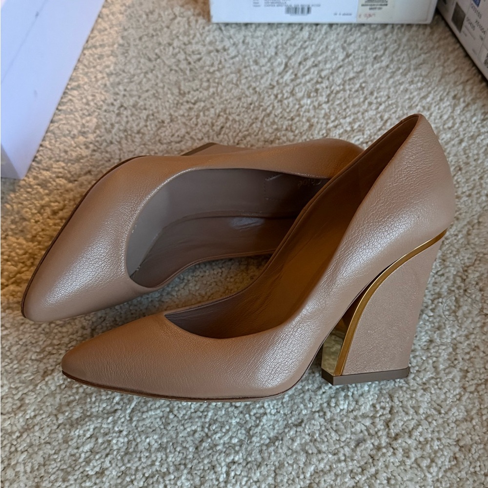 Chloe Tan and Gold Block Heel Pumps